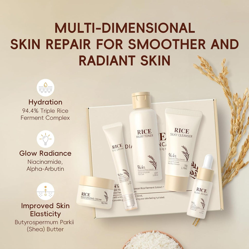 LAIKOU Skin Care Set, Korean Skin Care with Rice Cleanser, Toner, Serum, Eye Serum, Moisturizing Cream 5Pcs for Women Teen Girls Mom Daughter Mother'S Day Birthday Christmas Lover Korean Beauty