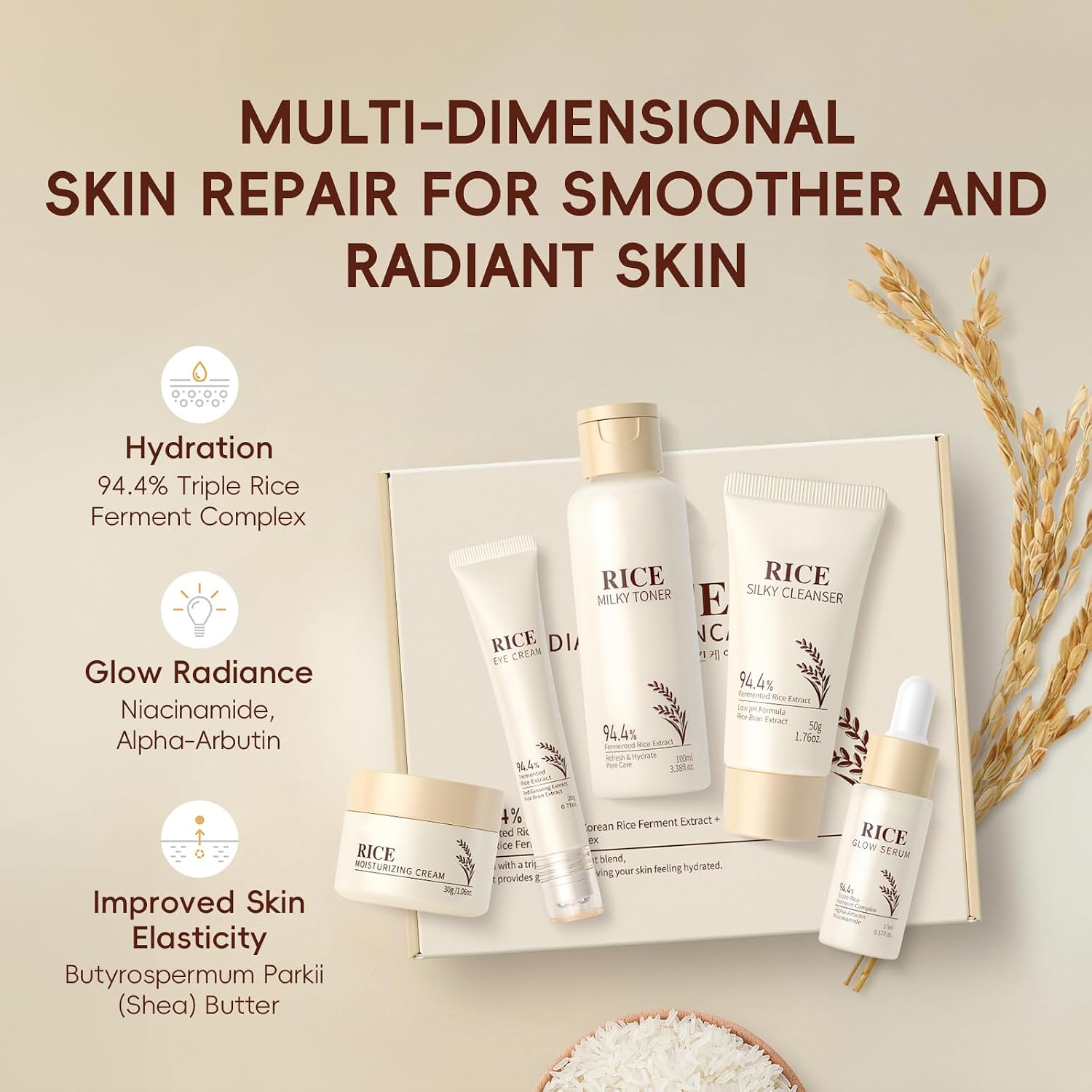 LAIKOU Skin Care Set, Korean Skin Care with Rice Cleanser, Toner, Serum, Eye Serum, Moisturizing Cream 5Pcs for Women Teen Girls Mom Daughter Mother'S Day Birthday Christmas Lover Korean Beauty